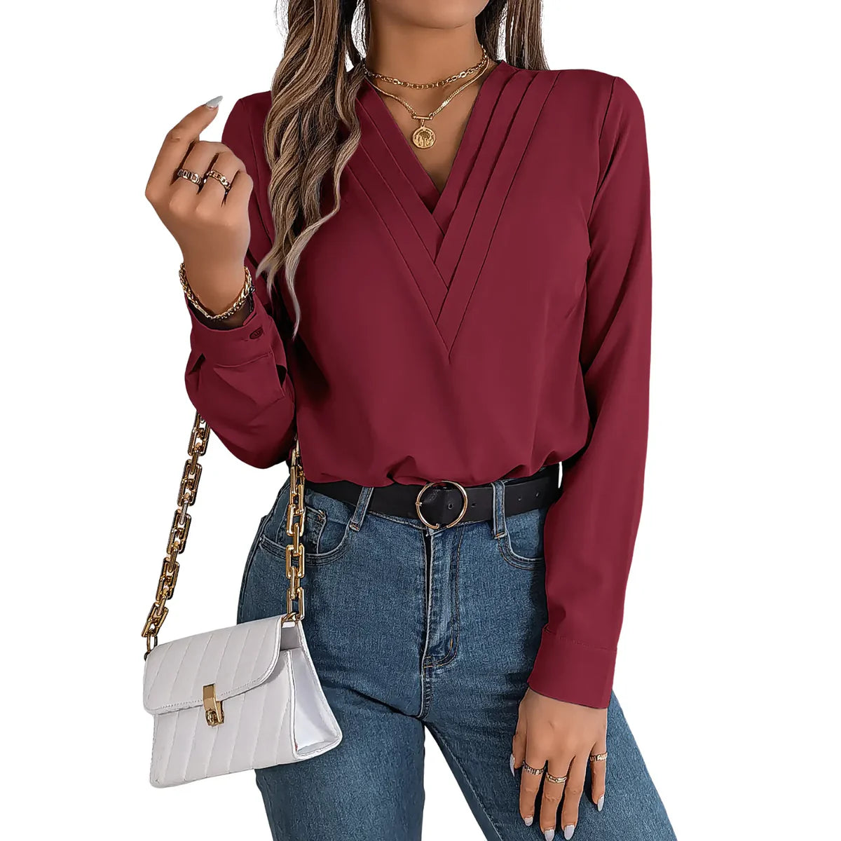 Velisse™ – Elegant V-Neck Long Sleeve Blouse